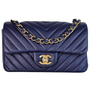 CHANEL Rectangular Mini Flap Blue Gold CC Chain Shoulder Bag Lambskin Leather